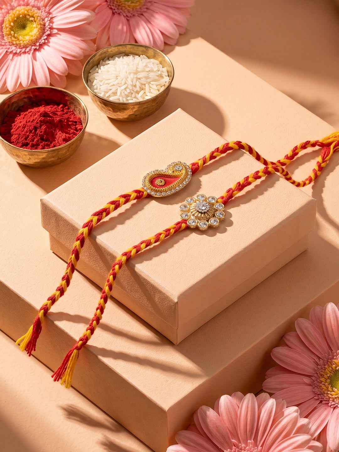 NVR Set of 2 Gold & Red Thread & Kundan Rakhi with Roli Chawal Chandan Mishri | Grocsy