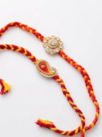 NVR Set of 2 Gold & Red Thread & Kundan Rakhi with Roli Chawal Chandan Mishri | Grocsy