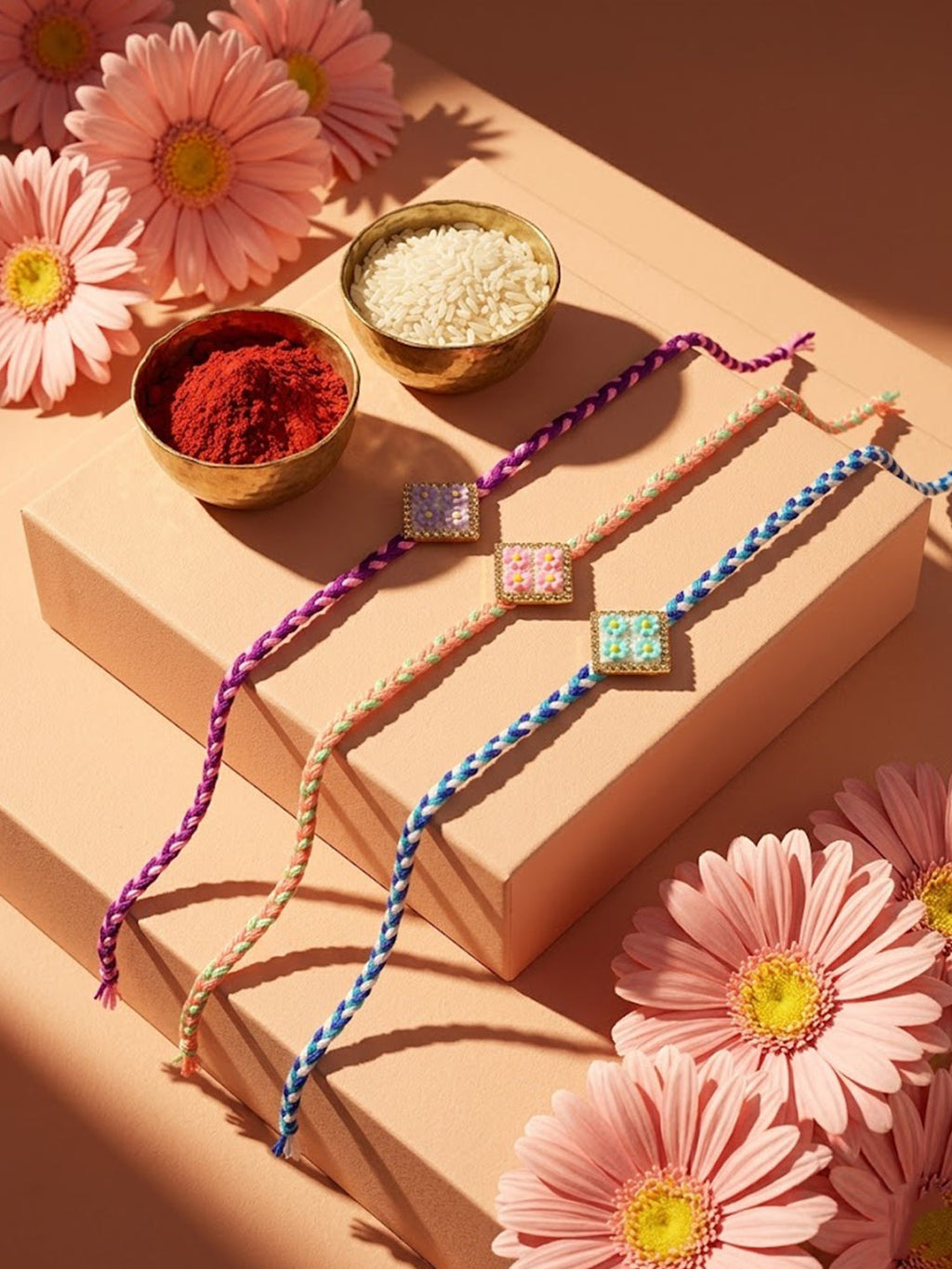 NVR Set of 3 Multicolor AD Thread Rakhi with Roli Chawal Chandan Mishri | Grocsy