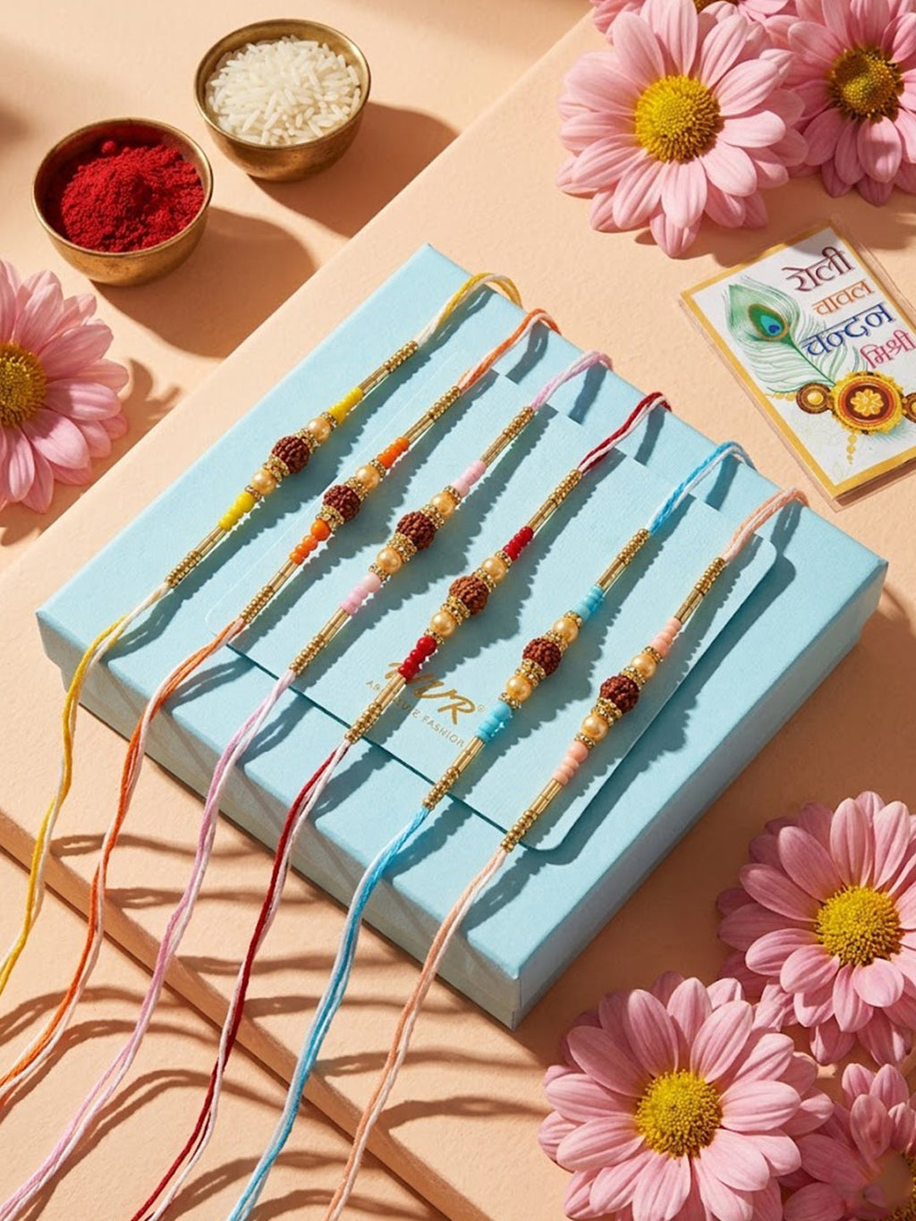 NVR Set of 6 Rudraksh & Artificial Beads Thread Rakhi with Roli Chawal Chandan Mishri | Grocsy