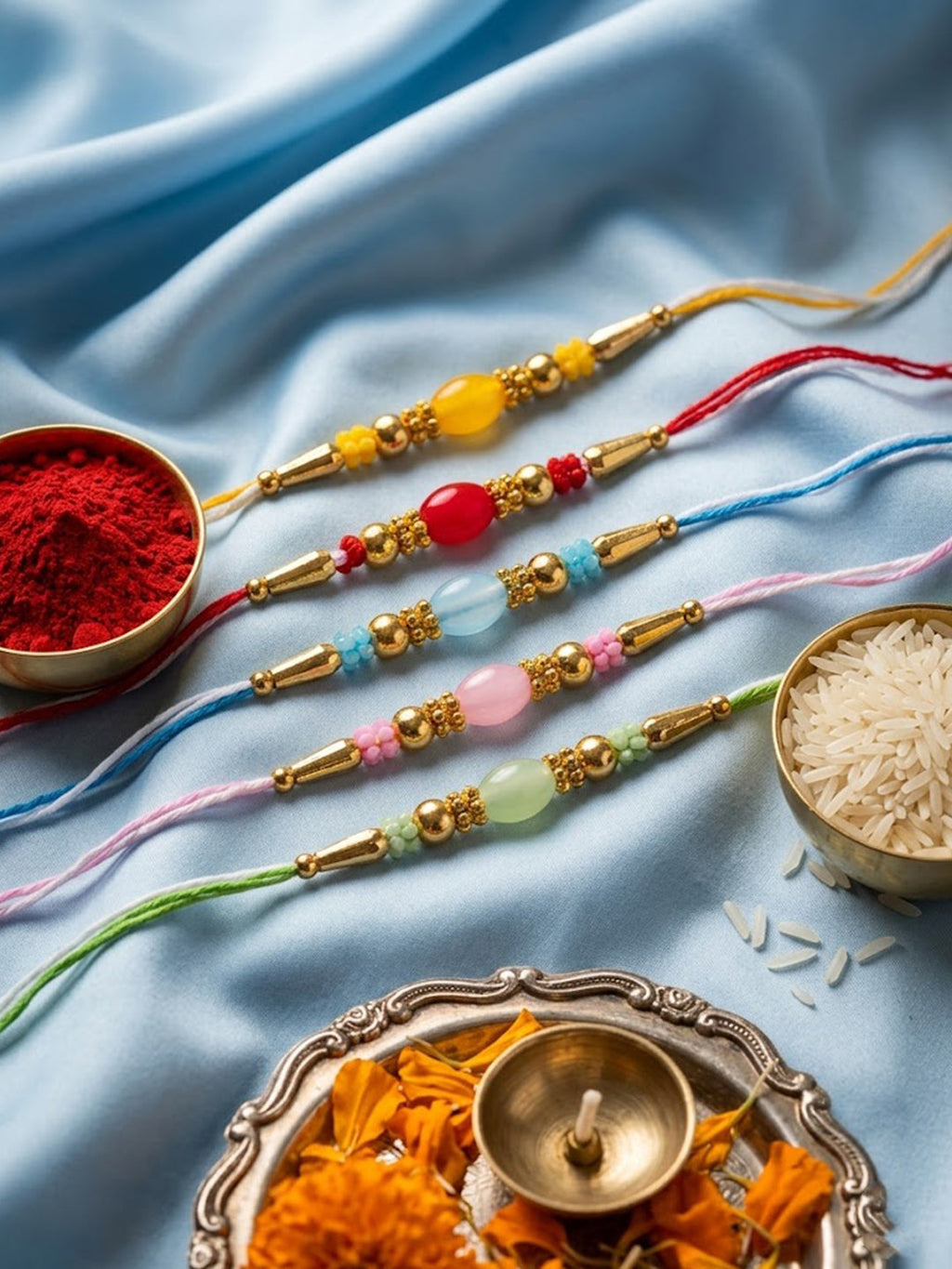 NVR Set of 5 Multi Artificial Beads Thread Rakhi with Roli Chawal Chandan Mishri | Grocsy