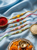 NVR Set of 5 Multi Artificial Beads Thread Rakhi with Roli Chawal Chandan Mishri | Grocsy