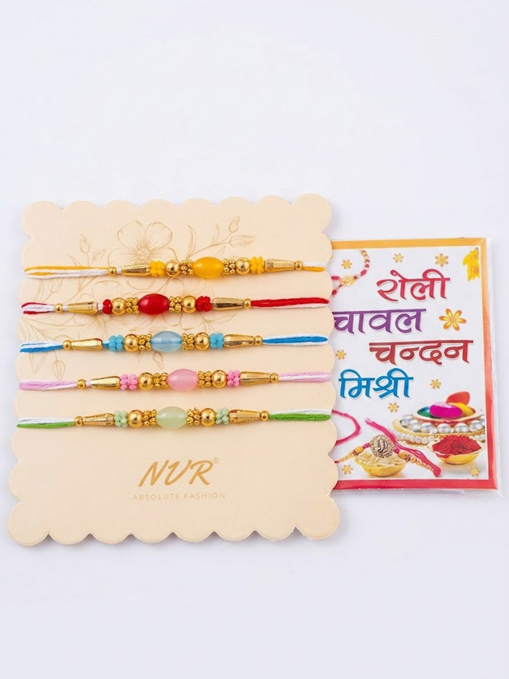 NVR Set of 5 Multi Artificial Beads Thread Rakhi with Roli Chawal Chandan Mishri | Grocsy