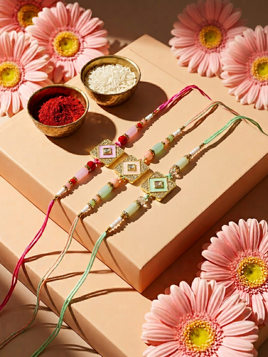 NVR Set of 3 Multicolor AD Thread Rakhi with Roli Chawal Chandan Mishri | Grocsy