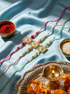 NVR Set of 3 Multicolor AD Thread Rakhi with Roli Chawal Chandan Mishri | Grocsy