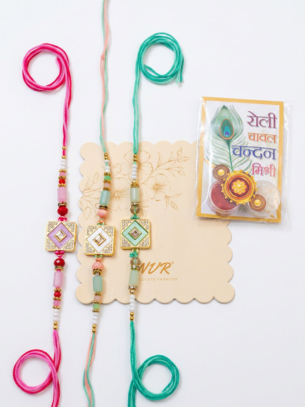 NVR Set of 3 Multicolor AD Thread Rakhi with Roli Chawal Chandan Mishri | Grocsy