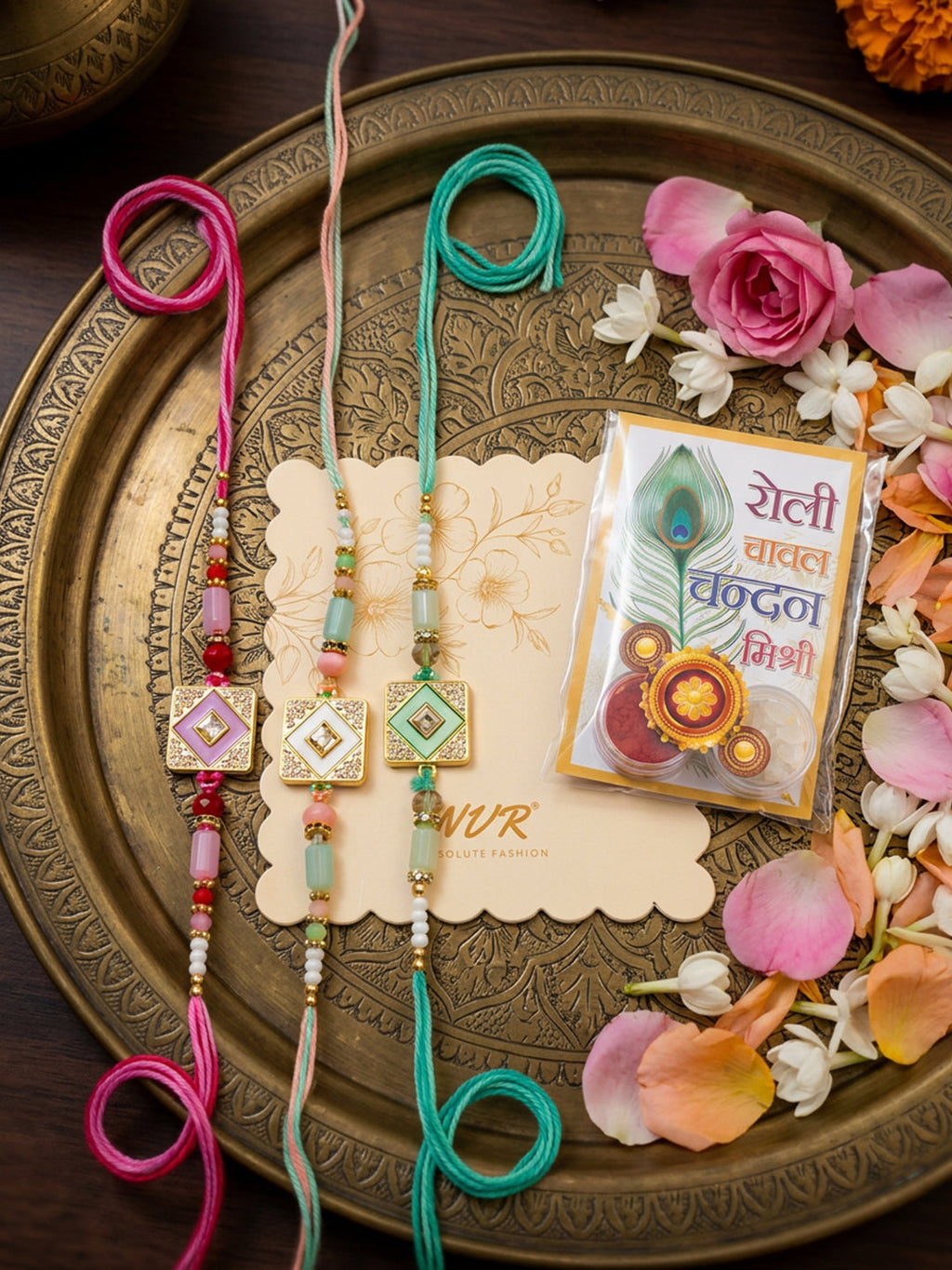 NVR Set of 3 Multicolor AD Thread Rakhi with Roli Chawal Chandan Mishri | Grocsy