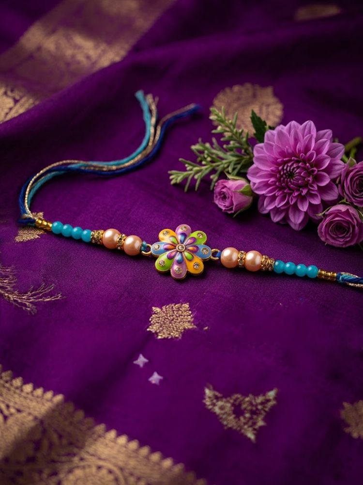 NVR Artificial Beads Flower Shape Multicolor Thread Rakhi with Roli Chawal Chandan Mishri | Grocsy
