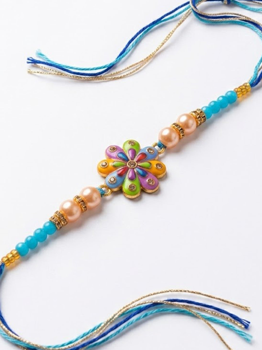 NVR Artificial Beads Flower Shape Multicolor Thread Rakhi with Roli Chawal Chandan Mishri | Grocsy