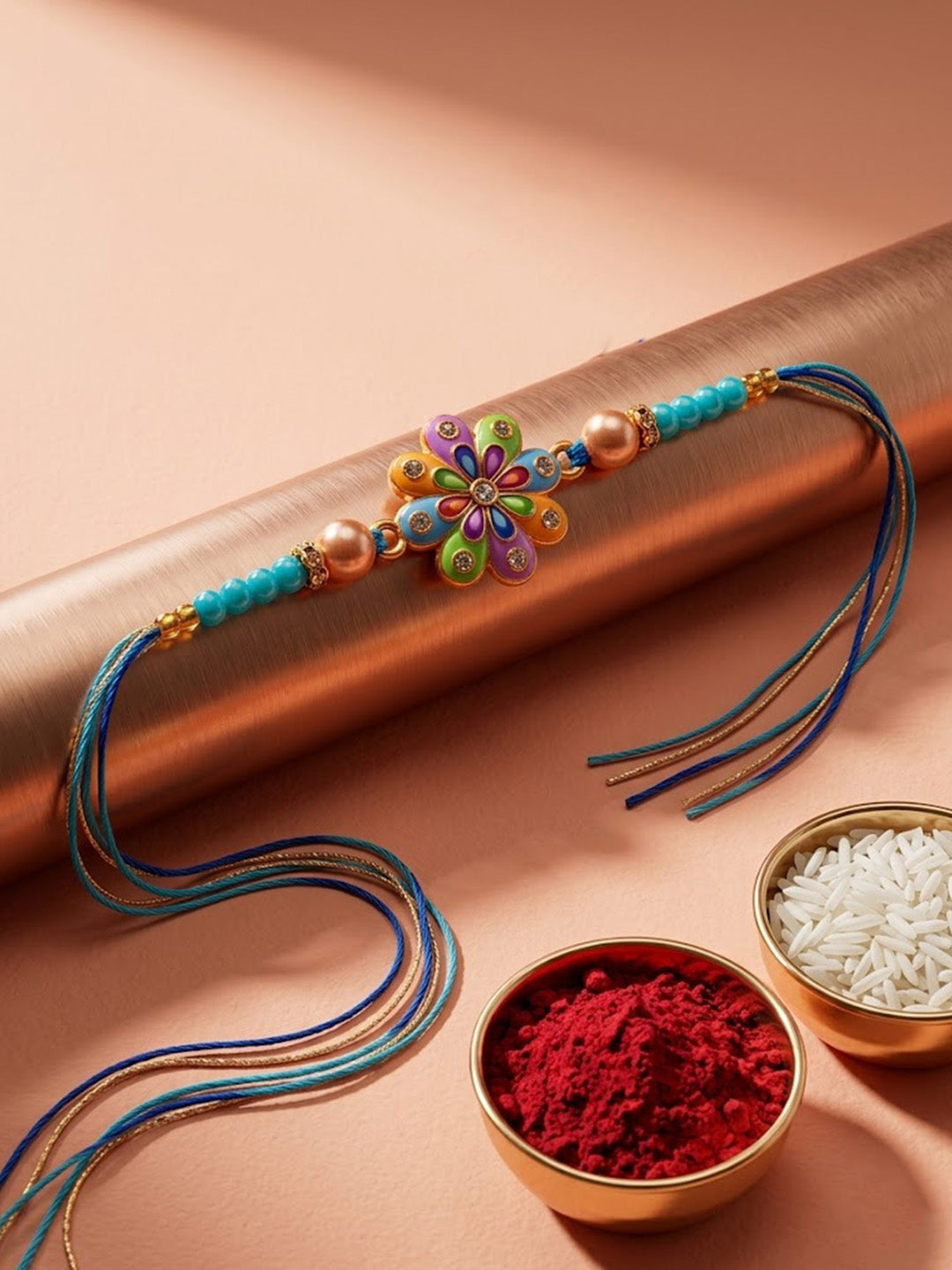 NVR Artificial Beads Flower Shape Multicolor Thread Rakhi with Roli Chawal Chandan Mishri | Grocsy