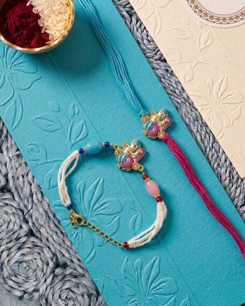 NVR Set of 2 Artificial Beads Radha Krishna Bhaiya Bhabhi Rakhi with Roli Chawal Chandan | Grocsy