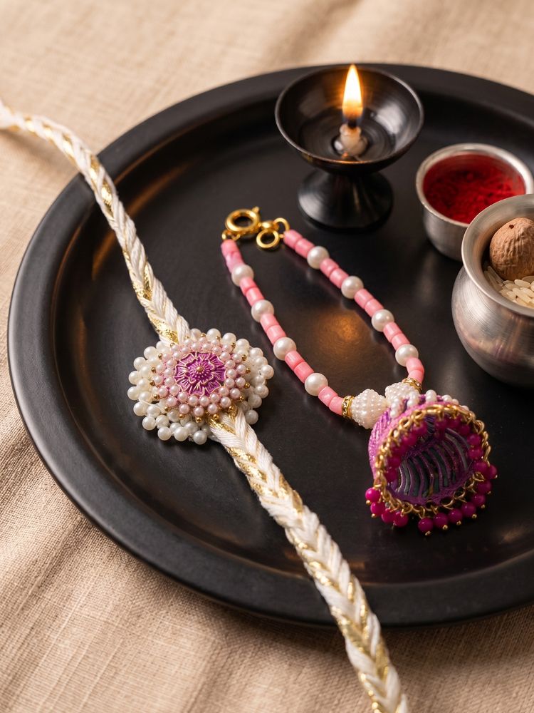 NVR Set of 2 Floral Perals Jhumka Design Bhaiya Bhabhi Rakhi with Roli Chawal Chandan | Grocsy