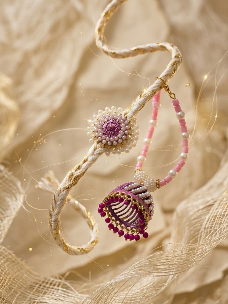 NVR Set of 2 Floral Perals Jhumka Design Bhaiya Bhabhi Rakhi with Roli Chawal Chandan | Grocsy