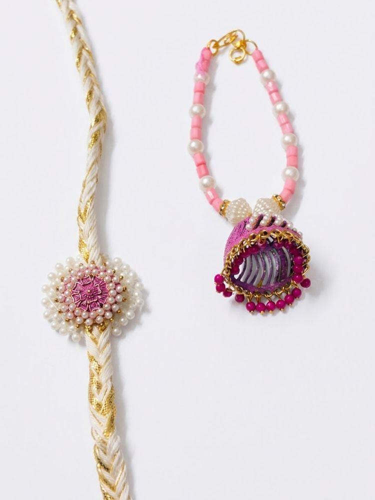 NVR Set of 2 Floral Perals Jhumka Design Bhaiya Bhabhi Rakhi with Roli Chawal Chandan | Grocsy