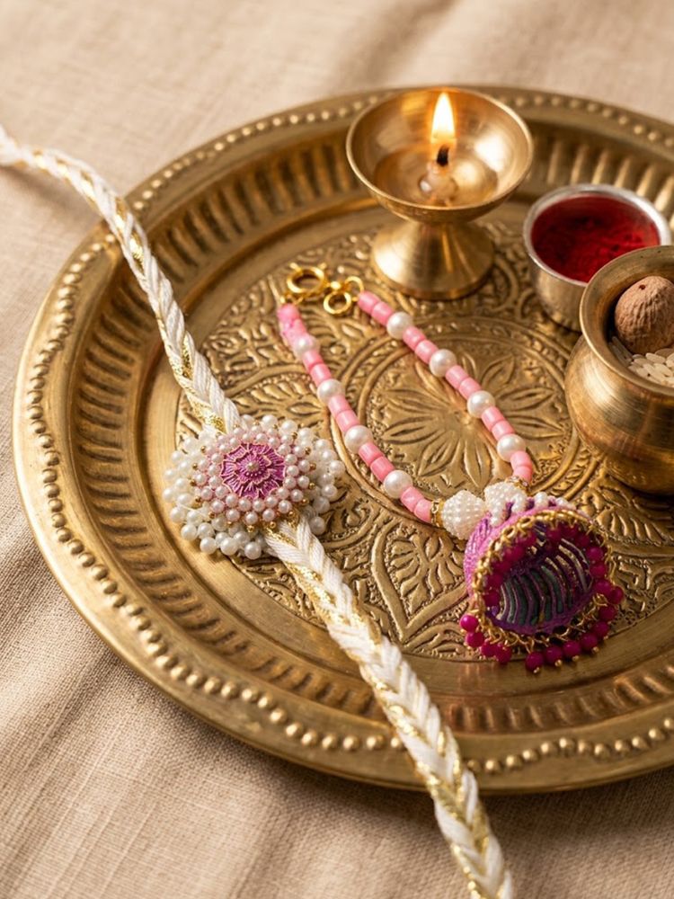 NVR Set of 2 Floral Perals Jhumka Design Bhaiya Bhabhi Rakhi with Roli Chawal Chandan | Grocsy