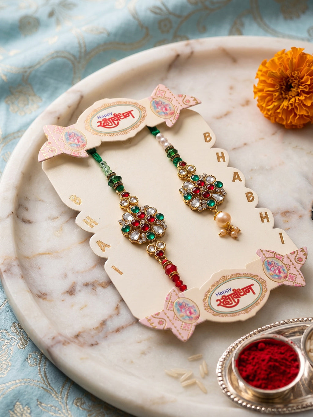 NVR Set of 2 Floral Design Kundan Studded Bhaiya Bhabhi Rakhi With Roli Chawal Chandan | Grocsy
