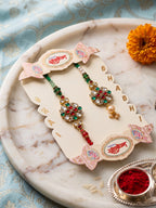 NVR Set of 2 Floral Design Kundan Studded Bhaiya Bhabhi Rakhi With Roli Chawal Chandan | Grocsy