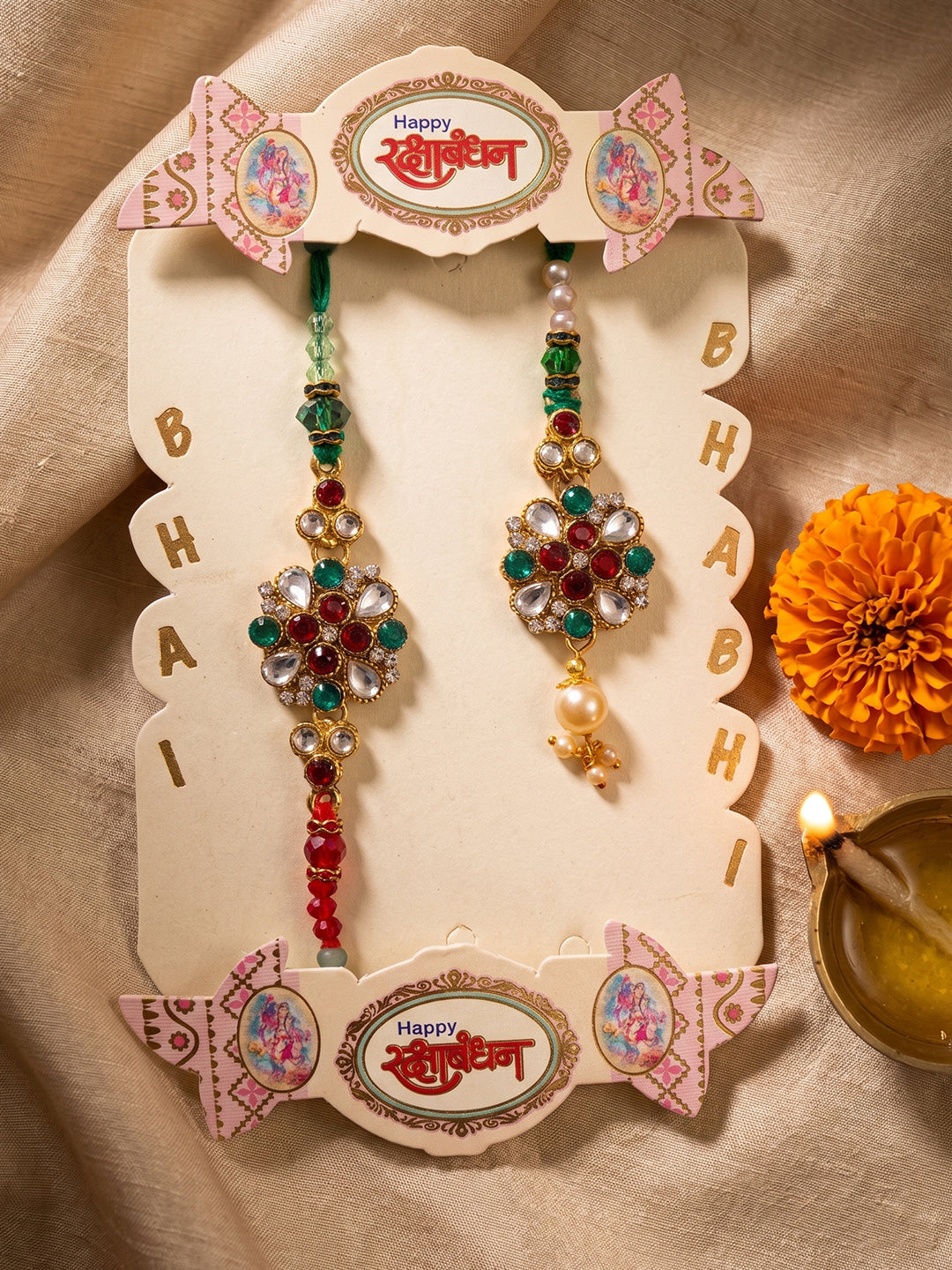 NVR Set of 2 Floral Design Kundan Studded Bhaiya Bhabhi Rakhi With Roli Chawal Chandan | Grocsy