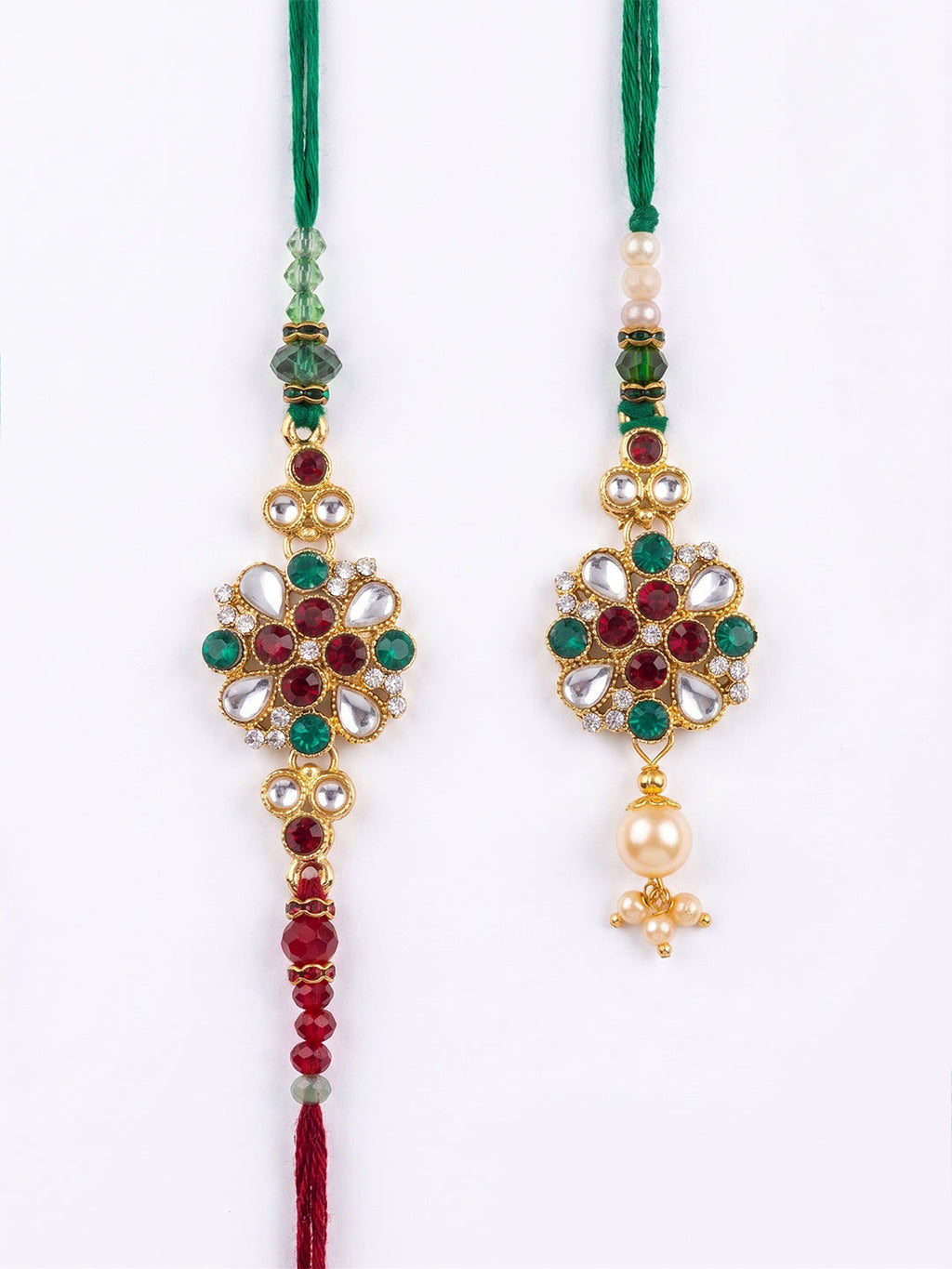 NVR Set of 2 Floral Design Kundan Studded Bhaiya Bhabhi Rakhi With Roli Chawal Chandan | Grocsy