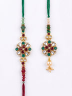 NVR Set of 2 Floral Design Kundan Studded Bhaiya Bhabhi Rakhi With Roli Chawal Chandan | Grocsy