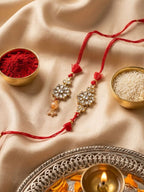 NVR Set of 2 Red Kundan Studded Floral Design Bhaiya Bhabhi Rakhi With Roli Chawal | Grocsy