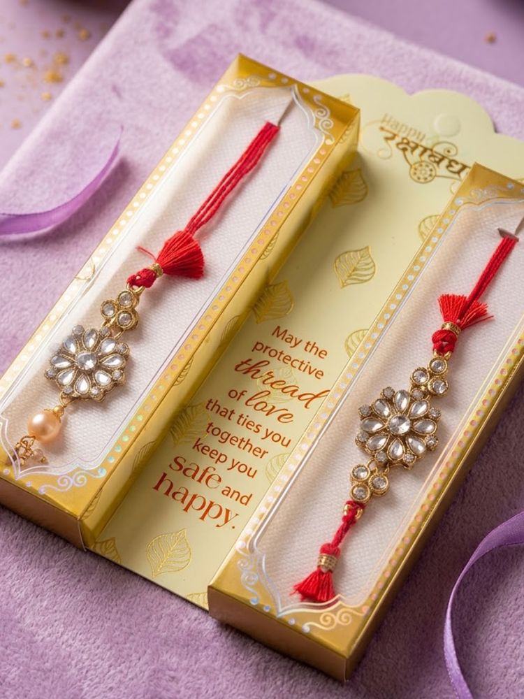 NVR Set of 2 Red Kundan Studded Floral Design Bhaiya Bhabhi Rakhi With Roli Chawal | Grocsy