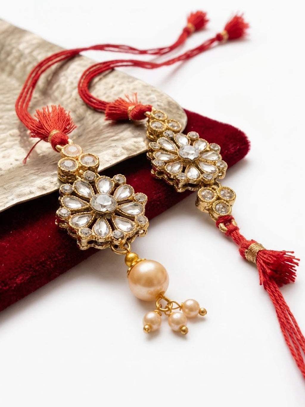 NVR Set of 2 Red Kundan Studded Floral Design Bhaiya Bhabhi Rakhi With Roli Chawal | Grocsy
