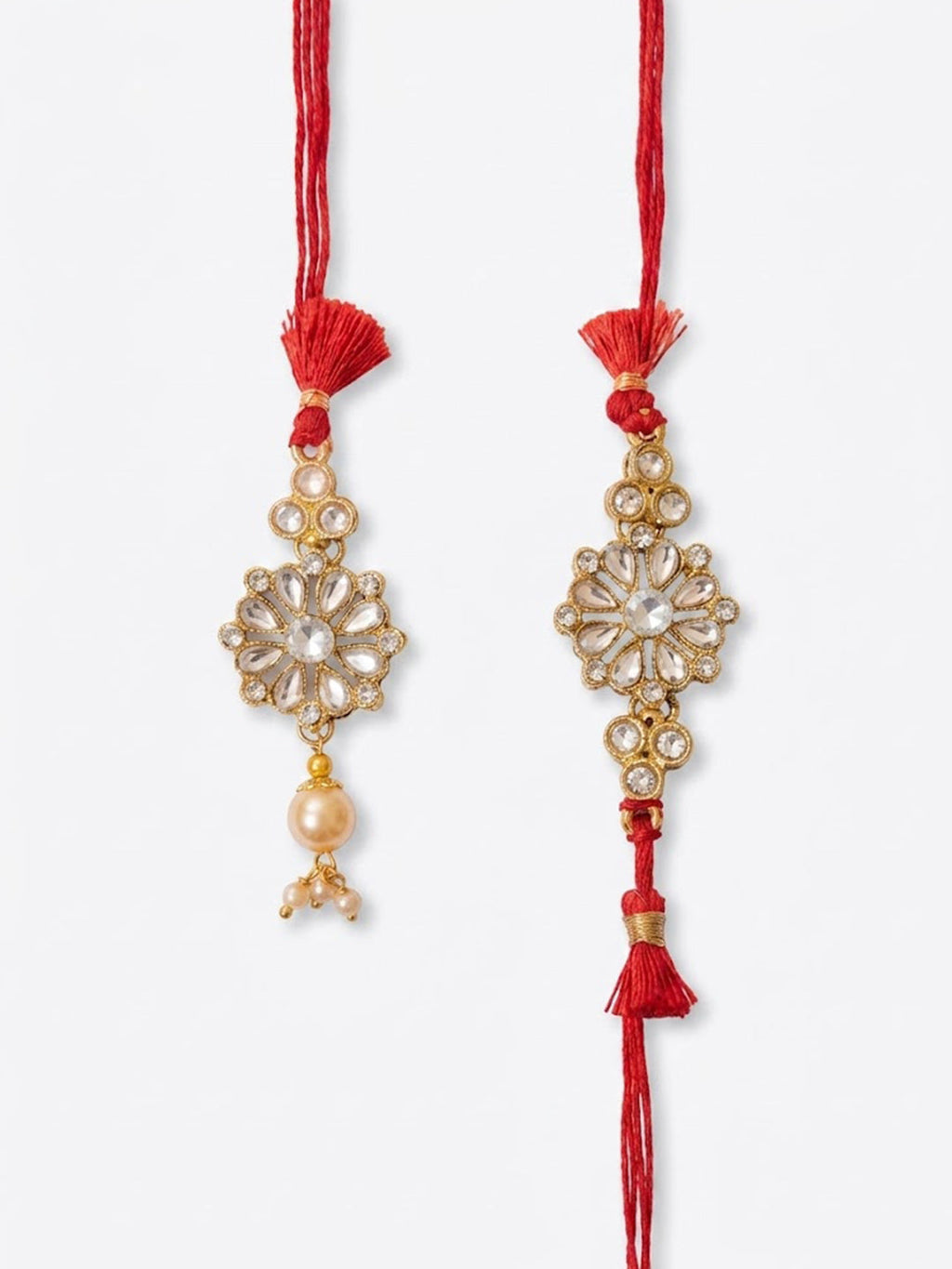 NVR Set of 2 Red Kundan Studded Floral Design Bhaiya Bhabhi Rakhi With Roli Chawal | Grocsy
