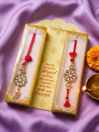 NVR Set of 2 Red Kundan Studded Floral Design Bhaiya Bhabhi Rakhi With Roli Chawal | Grocsy