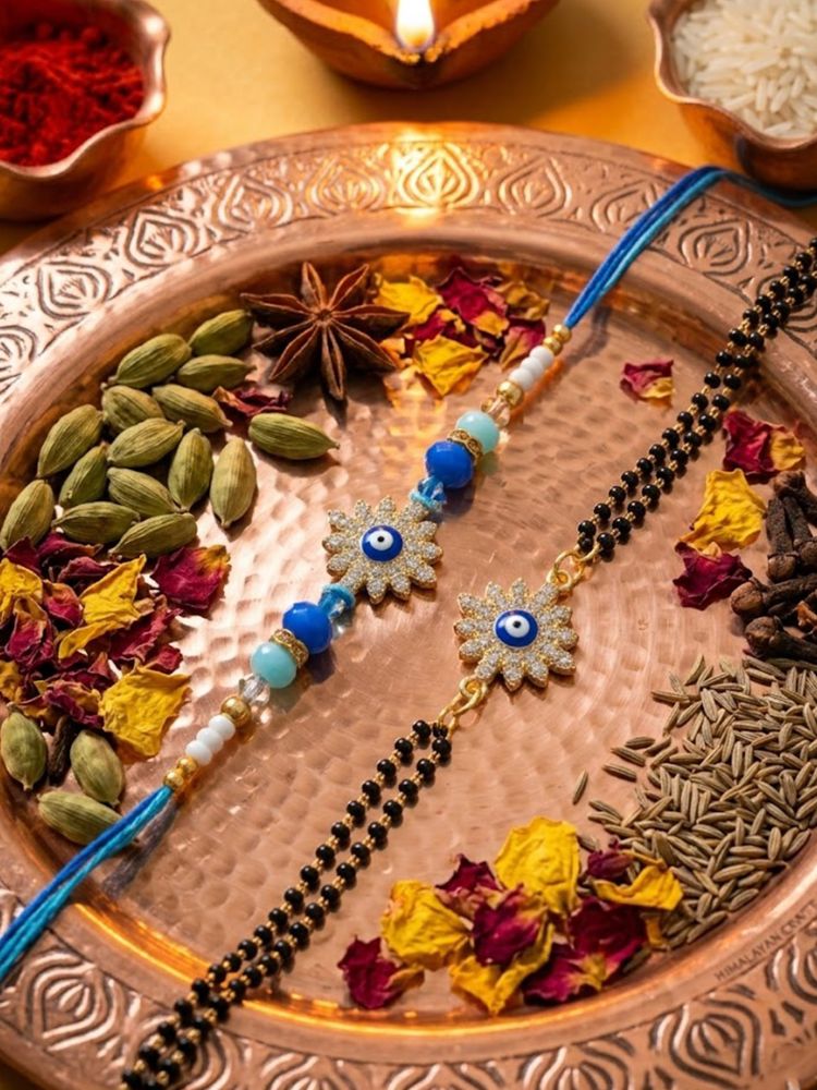 NVR Set of 2 Blue Evil Eye Artificial Stones Bhaiya Bhabhi Rakhi with Roli Chawal Chandan | Grocsy