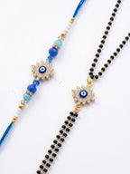 NVR Set of 2 Blue Evil Eye Artificial Stones Bhaiya Bhabhi Rakhi with Roli Chawal Chandan | Grocsy