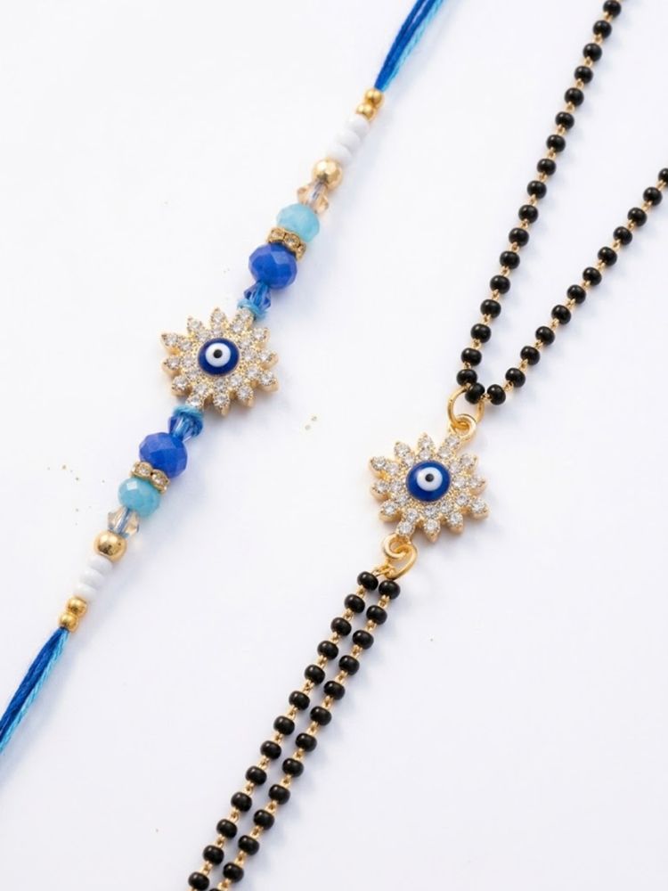 NVR Set of 2 Blue Evil Eye Artificial Stones Bhaiya Bhabhi Rakhi with Roli Chawal Chandan | Grocsy