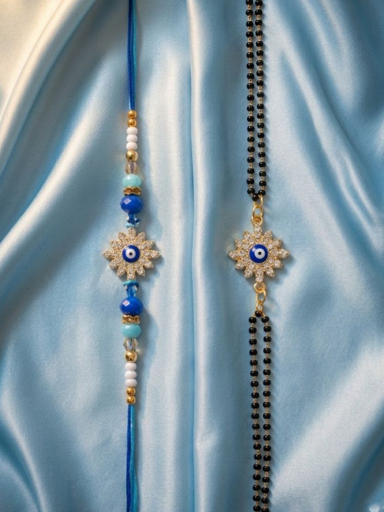 NVR Set of 2 Blue Evil Eye Artificial Stones Bhaiya Bhabhi Rakhi with Roli Chawal Chandan | Grocsy