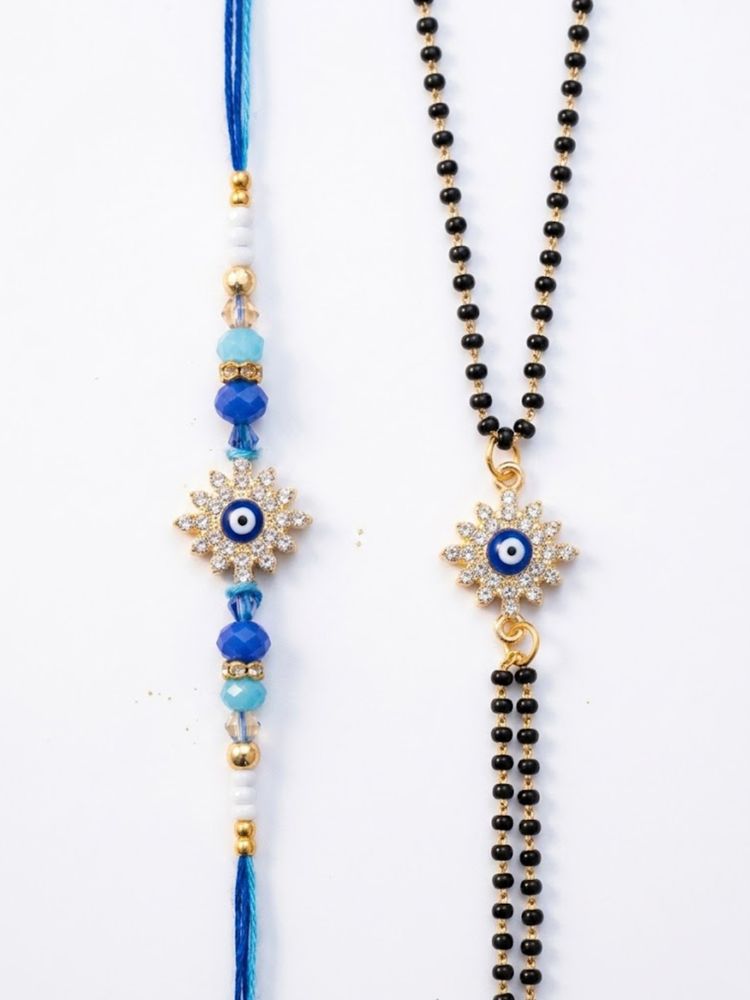 NVR Set of 2 Blue Evil Eye Artificial Stones Bhaiya Bhabhi Rakhi with Roli Chawal Chandan | Grocsy
