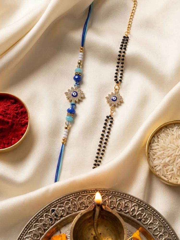 NVR Set of 2 Blue Evil Eye Artificial Stones Bhaiya Bhabhi Rakhi with Roli Chawal Chandan | Grocsy