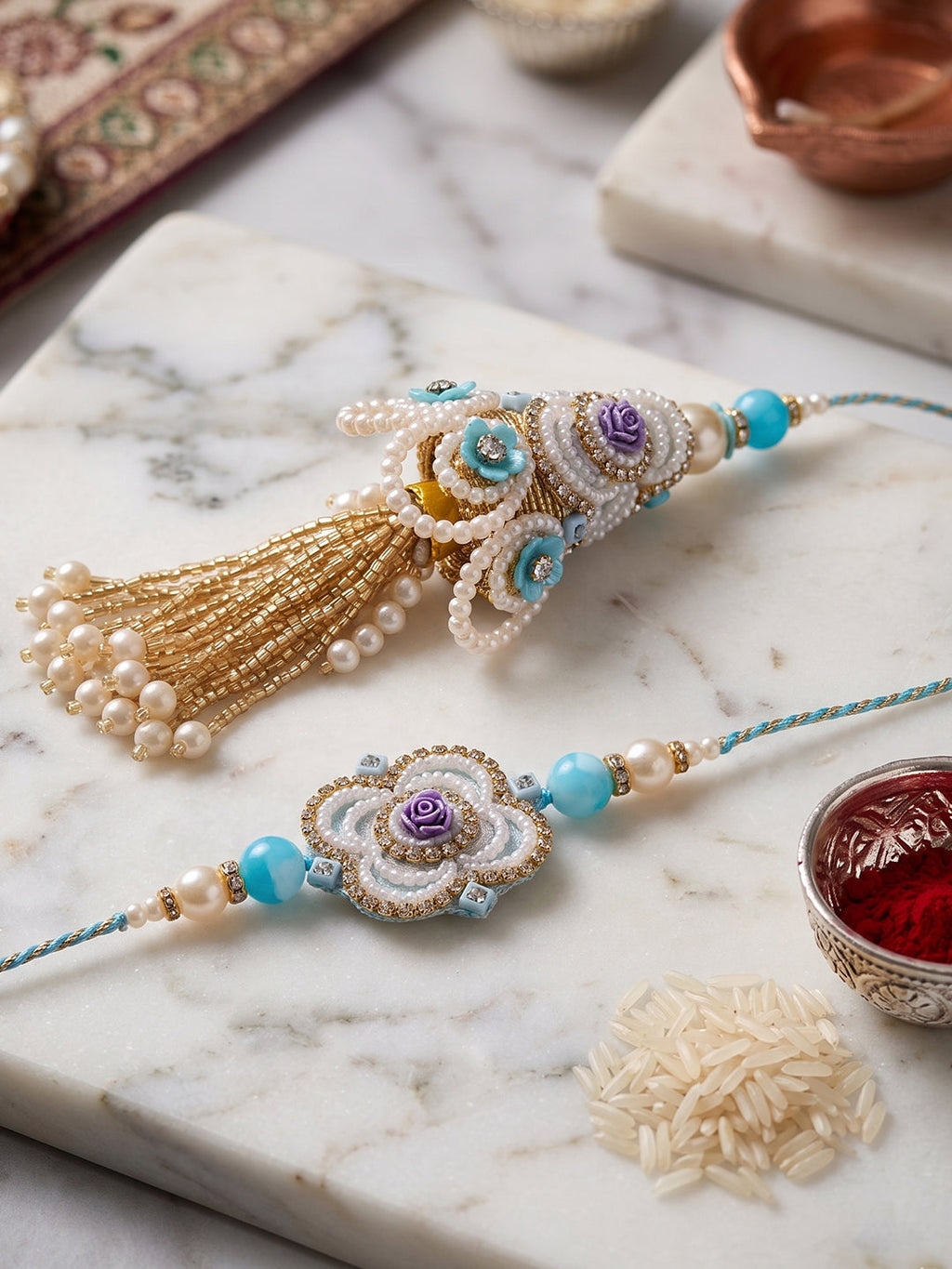 NVR Set of 2 Pearls & Artificial Stones Floral Bhaiya Bhabhi Rakhi with Roli Chawal | Grocsy
