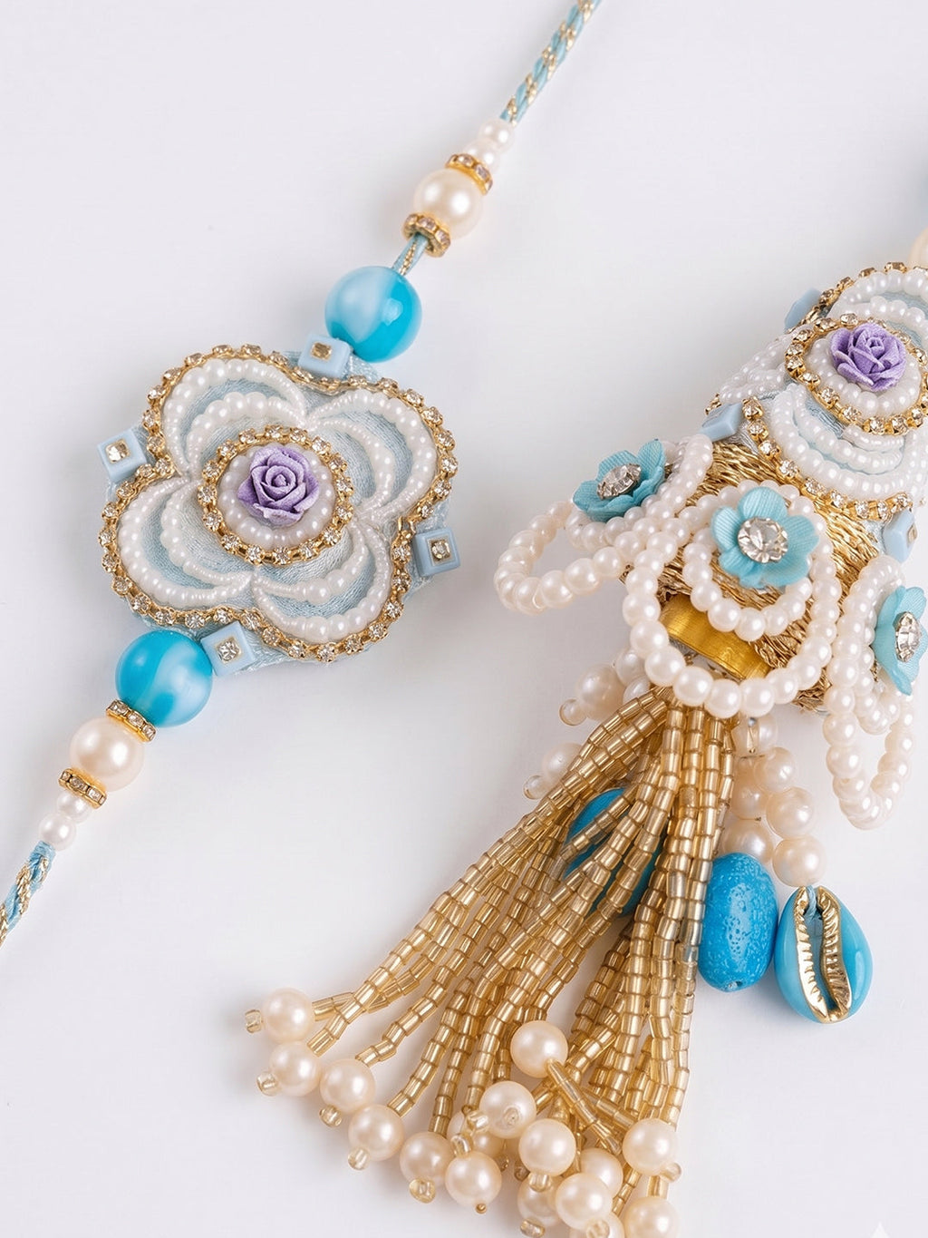 NVR Set of 2 Pearls & Artificial Stones Floral Bhaiya Bhabhi Rakhi with Roli Chawal | Grocsy