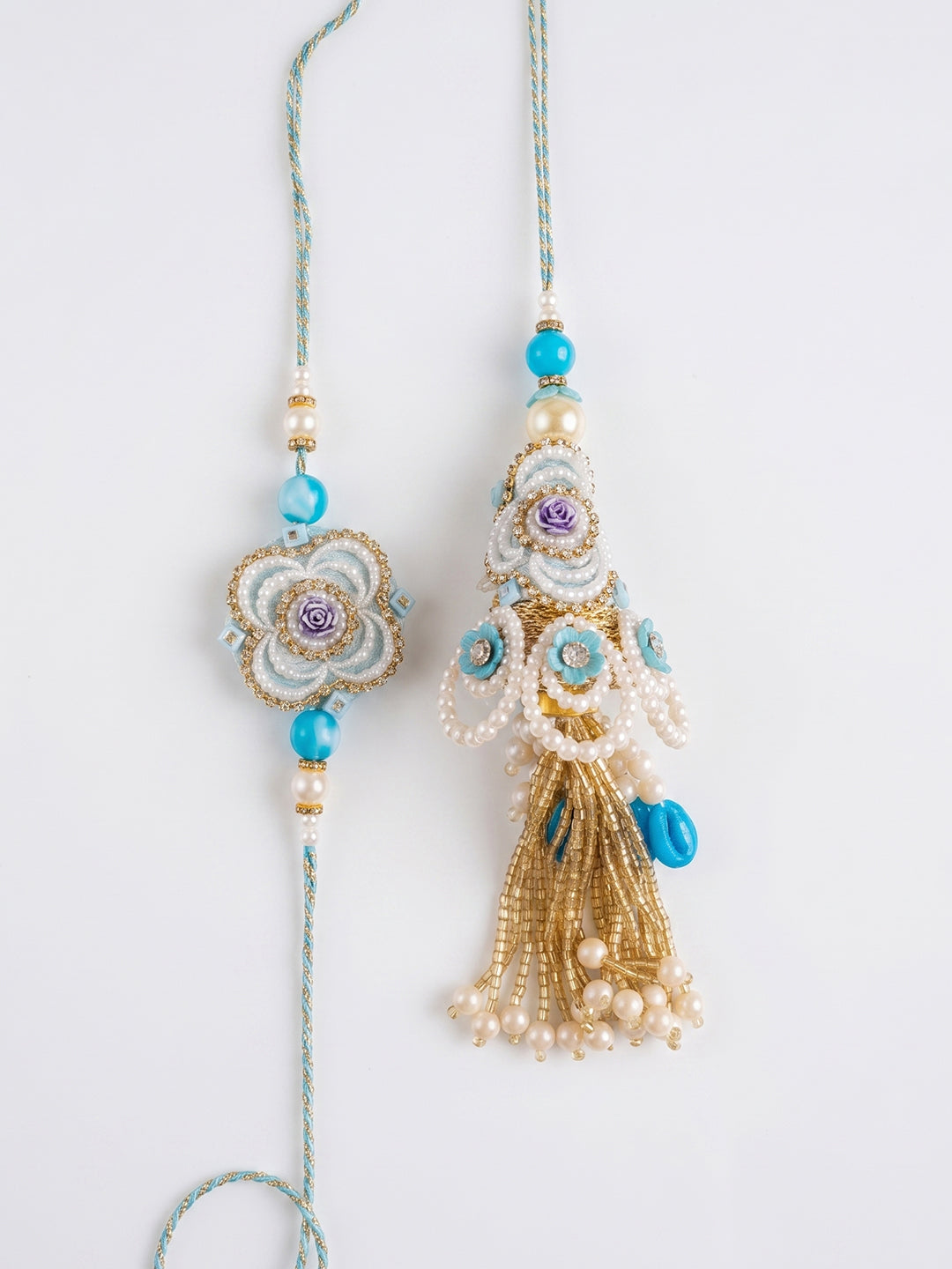 NVR Set of 2 Pearls & Artificial Stones Floral Bhaiya Bhabhi Rakhi with Roli Chawal | Grocsy