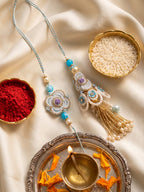 NVR Set of 2 Pearls & Artificial Stones Floral Bhaiya Bhabhi Rakhi with Roli Chawal | Grocsy