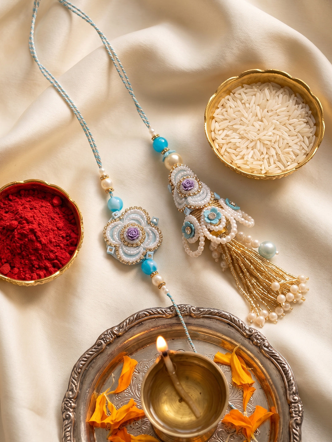 NVR Set of 2 Pearls & Artificial Stones Floral Bhaiya Bhabhi Rakhi with Roli Chawal | Grocsy
