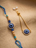 NVR Set of 2 Blue Evil Eye Gold Toned Bhaiya Bhabhi Rakhi with Roli Chawal Chandan Mishri | Grocsy
