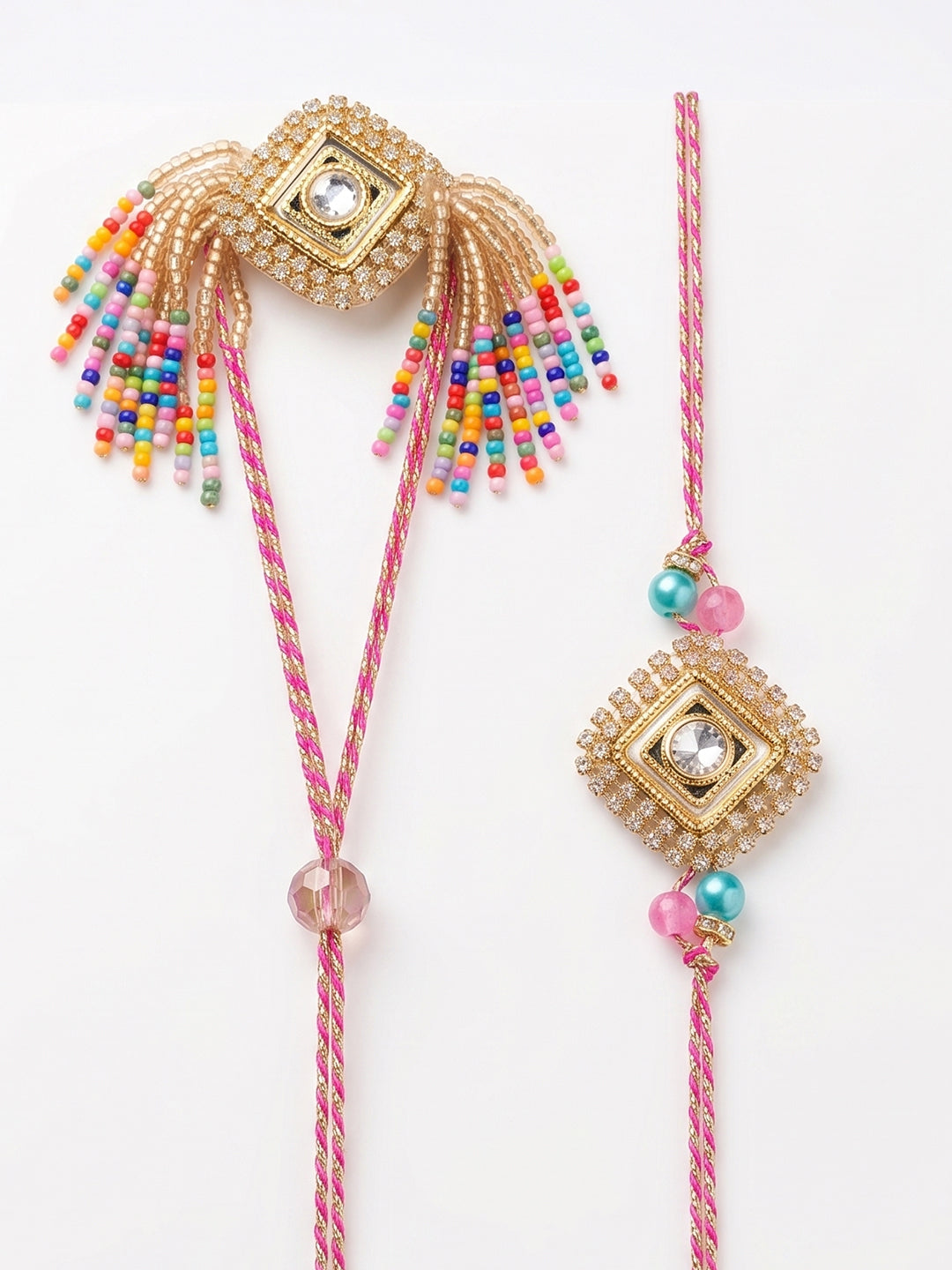 NVR Set of 2 White Artificial Stones Golden Toned Bhaiya Bhabhi Rakhi With Roli Chawal | Grocsy