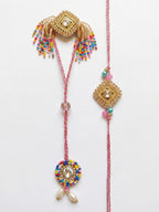 NVR Set of 2 White Artificial Stones Golden Toned Bhaiya Bhabhi Rakhi With Roli Chawal | Grocsy
