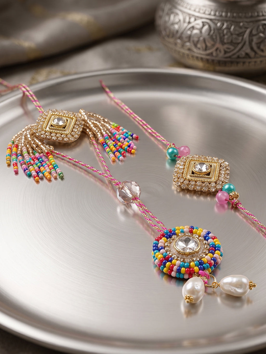 NVR Set of 2 White Artificial Stones Golden Toned Bhaiya Bhabhi Rakhi With Roli Chawal | Grocsy