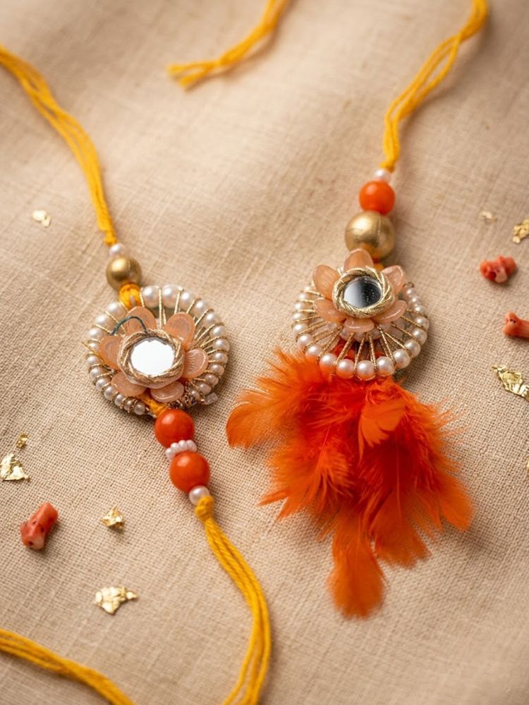 NVR Set of 4 Yellow Artificial Beads & White Pearls Bhaiya Bhabhi Rakhi With Roli Chawal | Grocsy
