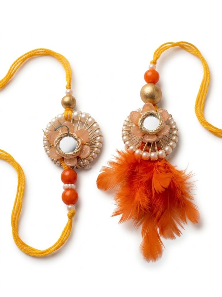 NVR Set of 4 Yellow Artificial Beads & White Pearls Bhaiya Bhabhi Rakhi With Roli Chawal | Grocsy