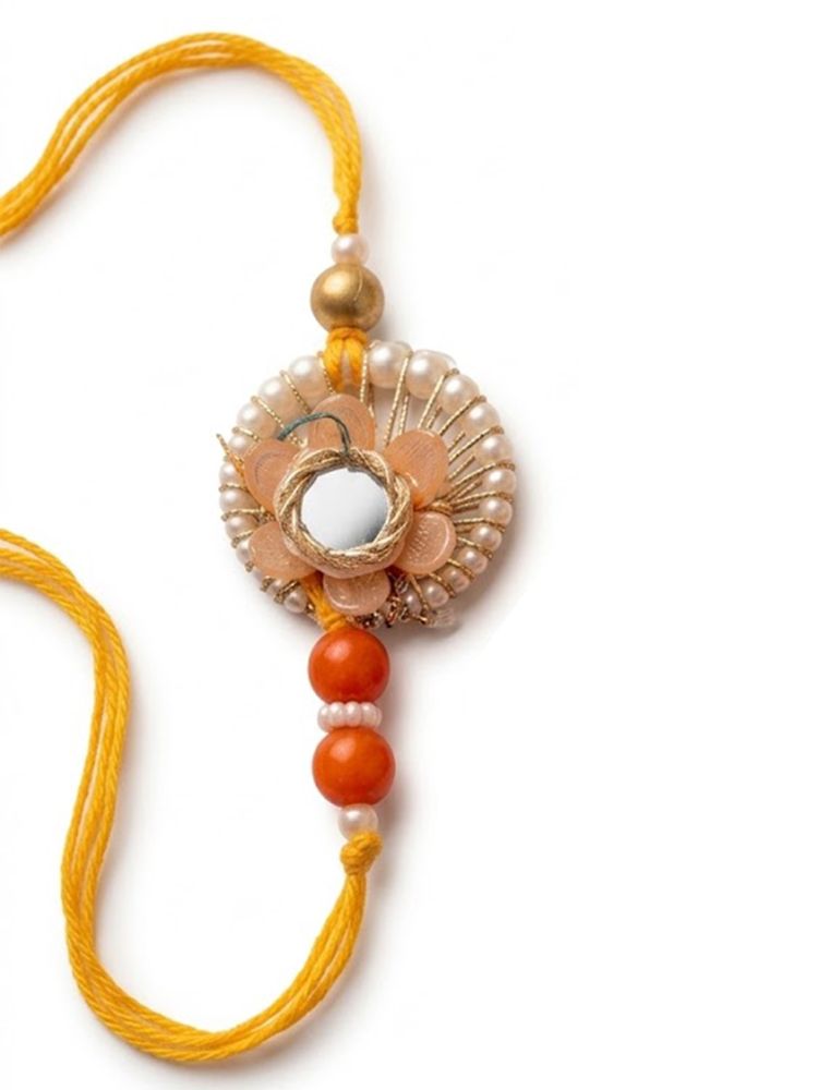 NVR Set of 4 Yellow Artificial Beads & White Pearls Bhaiya Bhabhi Rakhi With Roli Chawal | Grocsy