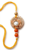 NVR Set of 4 Yellow Artificial Beads & White Pearls Bhaiya Bhabhi Rakhi With Roli Chawal | Grocsy