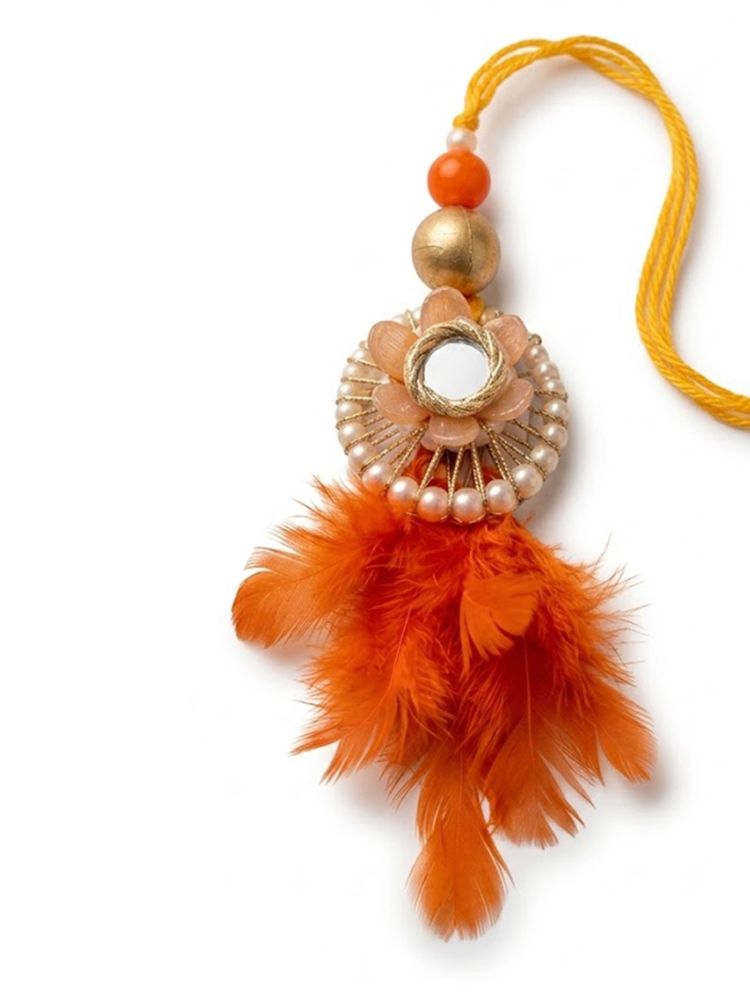 NVR Set of 4 Yellow Artificial Beads & White Pearls Bhaiya Bhabhi Rakhi With Roli Chawal | Grocsy