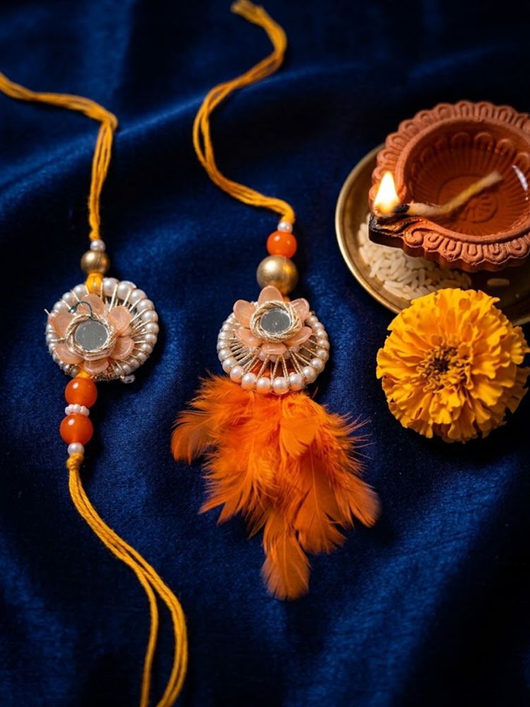 NVR Set of 4 Yellow Artificial Beads & White Pearls Bhaiya Bhabhi Rakhi With Roli Chawal | Grocsy